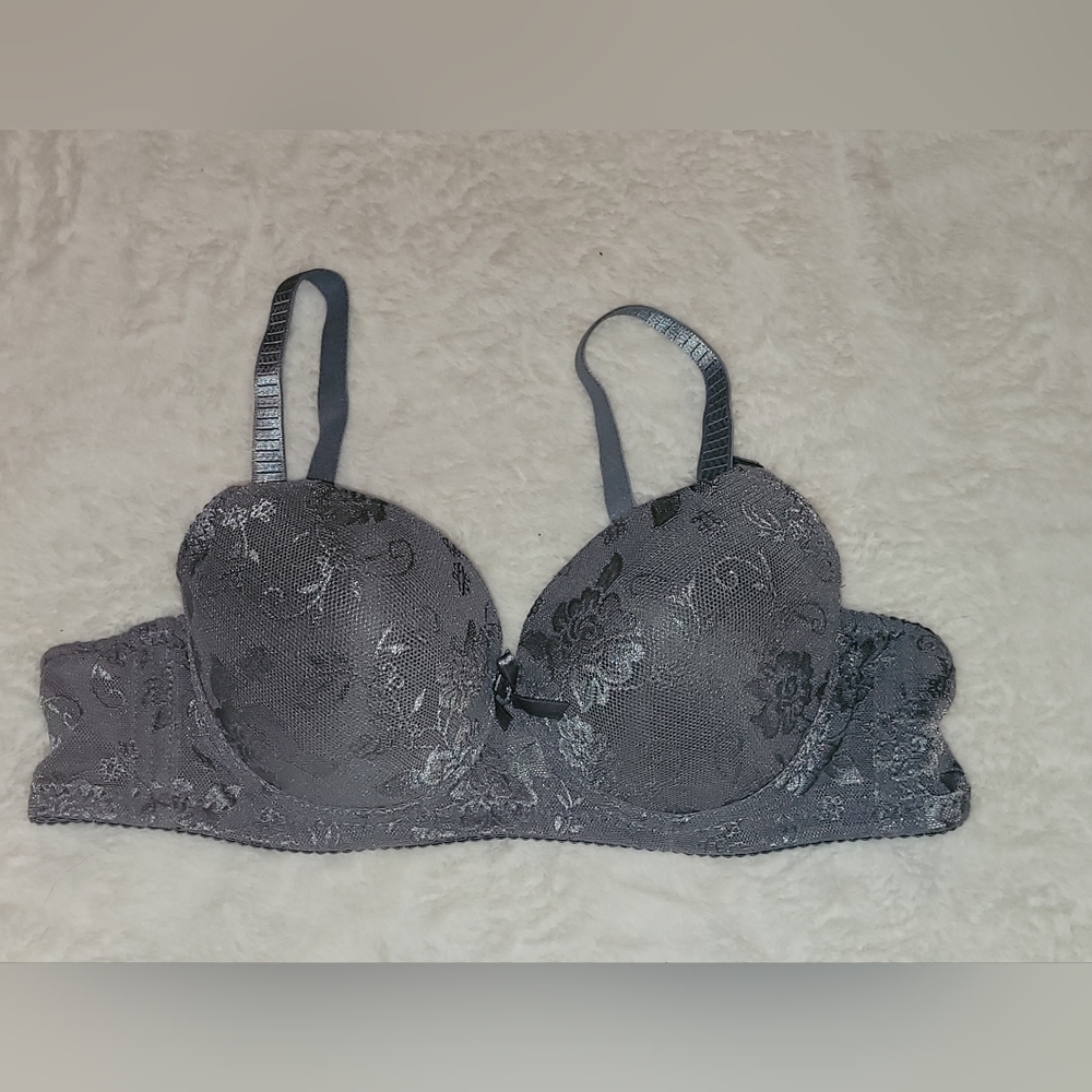 Gray Floral Underwire Push Up Bra